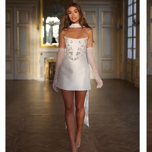 White Satin Embellished Mini Dress with Scarf Neck